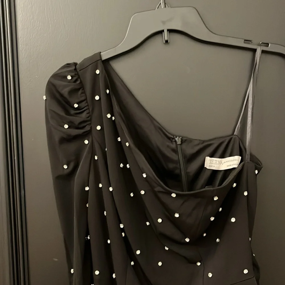 Ieena for Mac Duggal black one shoulder dress with rhinestones 55667 - Picture 4 of 6